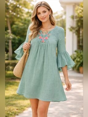 Umgee Embroidered Yoke 3/4 Bell Sleeve Dress Sz L